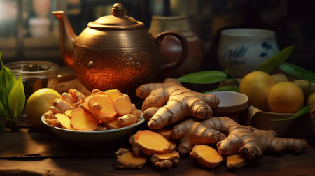 Drawing with ginger and fruit in Asian market, healthy food, vegetable marketの素材