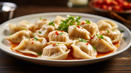Delicious pelmeni, dumplings, ravioli, for menu in restaurant, banners, flyers, backgrounds, outdoor advertisingの素材