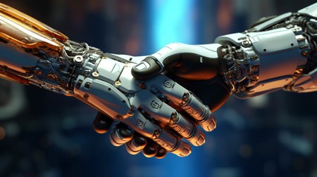 Handshake of two robots, cybersecurity concept, story for computer games, flyers and magazine articles about the futureの素材