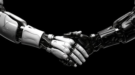Handshake of two robots, cybersecurity concept, story for computer games, flyers and magazine articles about the futureの素材