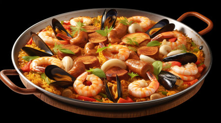 Large skillet with tasty paella on dark background, middle Mediterranean food, seafoodの素材