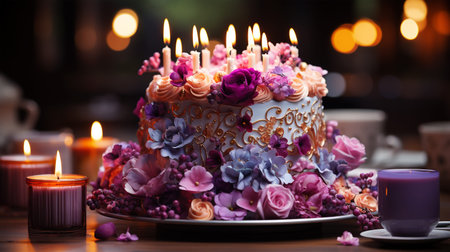 Birthday cake with fruit, berries, cream and sponge cake, copy space, birthday foodの素材