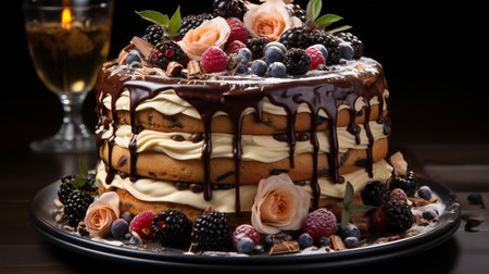 Birthday cake with fruit, berries, cream and sponge cake, copy space, birthday foodの素材