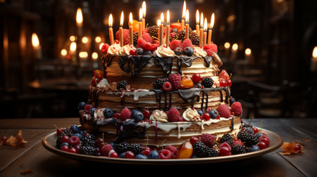 Birthday cake with fruit, berries, cream and sponge cake, copy space, birthday foodの素材