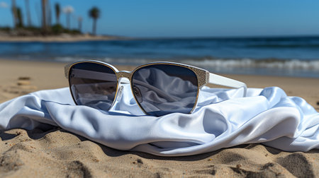 Beautiful sunglasses and plaid on the beach or ocean, vacation and lifestyle conceptの素材