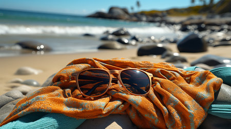 Beautiful sunglasses and plaid on the beach or ocean, vacation and lifestyle conceptの素材