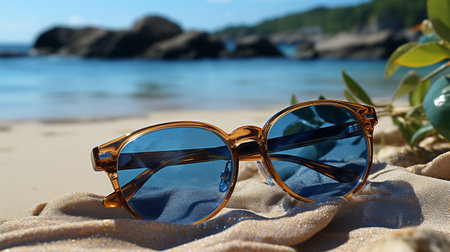 Beautiful sunglasses and plaid on the beach or ocean, vacation and lifestyle conceptの素材
