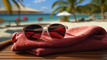 Beautiful sunglasses and plaid on the beach or ocean, vacation and lifestyle conceptの素材