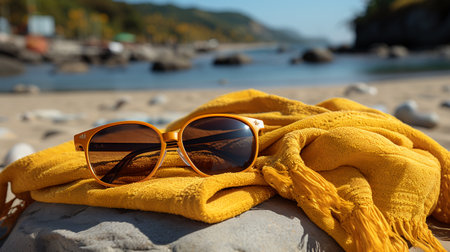 Beautiful sunglasses and plaid on the beach or ocean, vacation and lifestyle conceptの素材