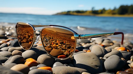 Beautiful sunglasses on the beach or ocean, vacation, tourism lifestyle conceptの素材