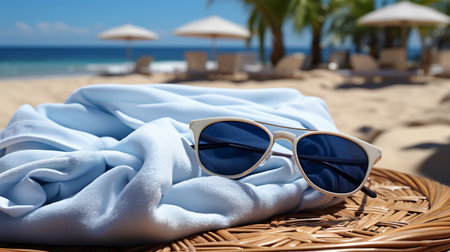 Beautiful sunglasses and plaid on the beach or ocean, vacation and lifestyle conceptの素材