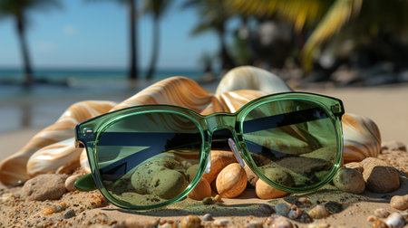 Beautiful sunglasses and plaid on the beach or ocean, vacation and lifestyle conceptの素材