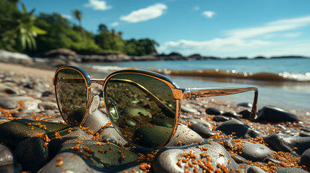 Beautiful sunglasses on the beach or ocean, vacation, tourism lifestyle conceptの素材