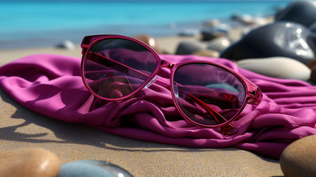 Beautiful sunglasses and plaid on the beach or ocean, vacation and lifestyle conceptの素材