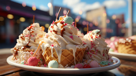 Delicious ice cream in a waffle cup or cone with syrup and berries, caloric food, desserts conceptの素材