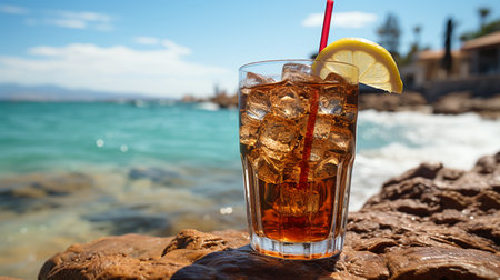 Tasty Cola in a glass with ice cubes on the beach near the sea or ocean, bar menu conceptの素材