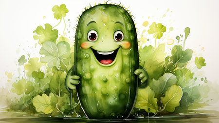 Drawn smiling green cucumber on light background, concept of children's cafe or alphabet bookの素材