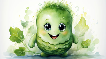 Drawn smiling green cucumber on light background, concept of children's cafe or alphabet bookの素材