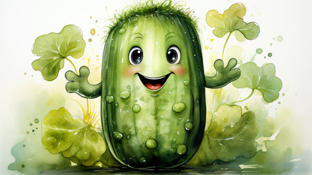 Drawn smiling green cucumber on light background, concept of children's cafe or alphabet bookの素材