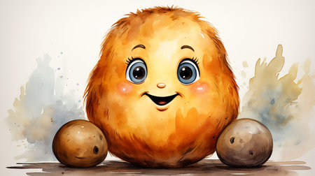 Drawn smiling green potato on light background, farmars market, food concept, childrens partyの素材