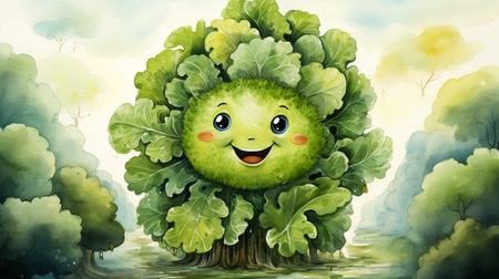 Drawn smiling green cabbage on light background, farmars market, food concept, childrens partyの素材