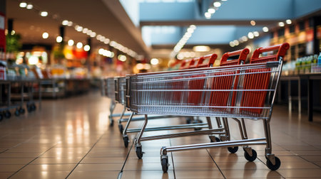Empty shopping cart for products at a large mall, shopping food for the whole family, healthy lifestyle, shopping day, black fridayの素材