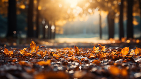 Photo of beautiful autumn forest landscape with autumn yellow leaves leaves, change of season, concept of sadness and depressionの素材