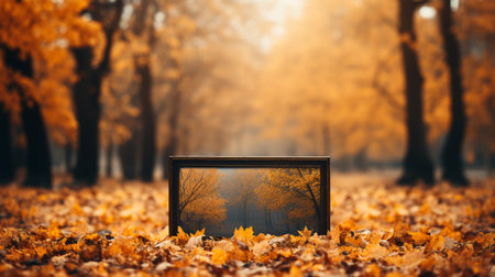 Photo of beautiful autumn forest landscape with autumn yellow leaves leaves, change of season, concept of sadness and depressionの素材