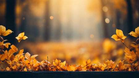 Photo of beautiful autumn forest landscape with autumn yellow leaves leaves, change of season, concept of sadness and depressionの素材