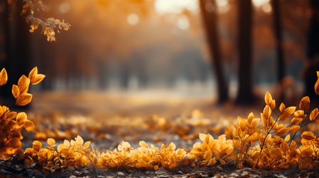 Photo of beautiful autumn forest landscape with autumn yellow leaves leaves, change of season, concept of sadness and depressionの素材