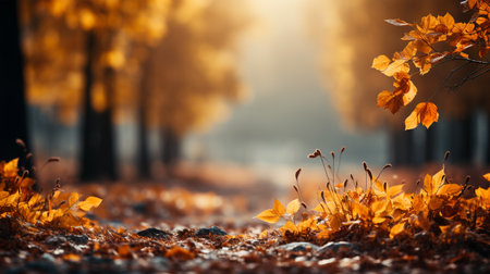Photo of beautiful autumn forest landscape with autumn yellow leaves leaves, change of season, concept of sadness and depressionの素材