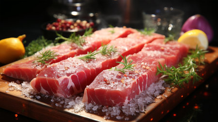 Raw beef steak for frying or grilling, fillet, restaurant menu, marbled meat, spices, salt, pepper, healthy eating, wooden backgroundの素材
