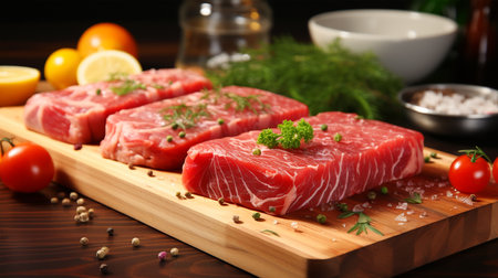 Raw beef steak for frying or grilling, fillet, restaurant menu, marbled meat, spices, salt, pepper, healthy eating, wooden backgroundの素材