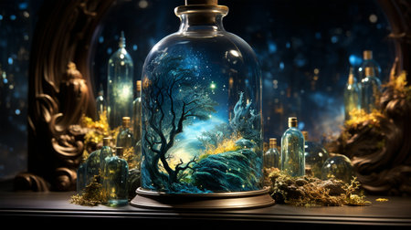 Magic bottle with mystical landscape and magic neon light, concept of magic and fairy tale, postcard, wallpaperの素材