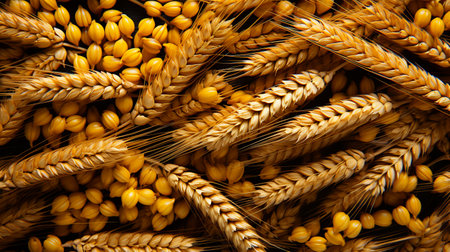 Beautiful background with ears and wheat grains, harvesting, agriculture concept, postcard, wallpaperの素材