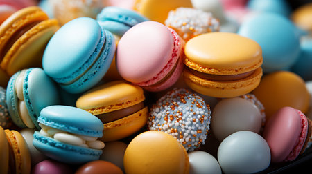 Bright colorful macaroons, background for birthday cards, children's parties, postcardの素材