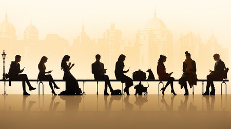 Silhouettes of men and women on the background of the big city, wallpaper and postcardの素材