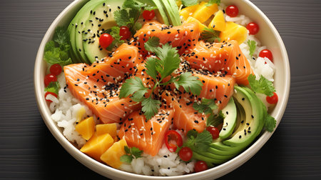Large plate of sliced salmon, avocado, fruit and greens. Delicious Asian cuisine, keto diet, restaurant menuの素材