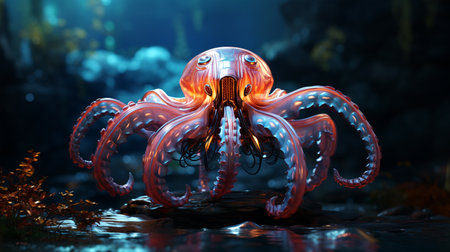 Fabulous giant octopus with futuristic style on dark background, drawing for children's book, wallpaperの素材