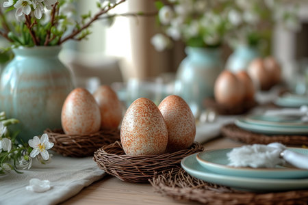 A Tableau of Easter Eggs, Softly Cradled by Handcrafted Plates and Gentle Blossomsの素材