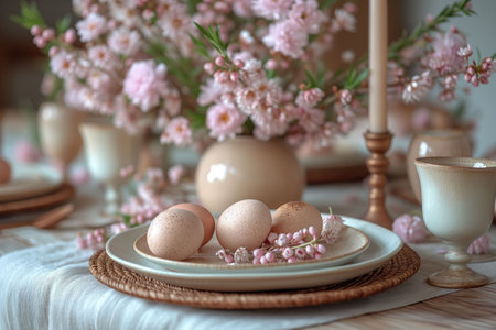 Easter Eggs Rest on Artisan Plates, Echoing Spring's Bloom with Quiet Graceの素材