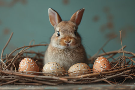 A Rabbit's Calm Surveillance Amongst Easter's Painted Eggs, Blue Backgroundの素材