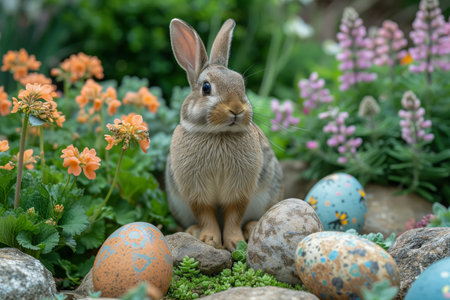 Spring's Guard, a Stoic Bunny Surveys Easter's Eggs Nestled Amongst a Burst of Floral Huesの素材