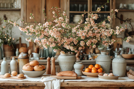 Easter's Rustic Banquet, Wildflowers and Eggs on a Wooden Table, a Celebration of Springの素材