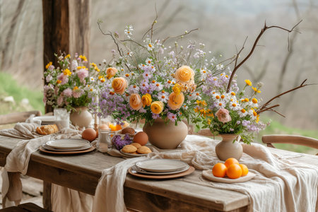 Celebrating Easter Naturally, a Rustic Table Setting with Fresh Eggs and Wildflowers in Soft Lightの素材