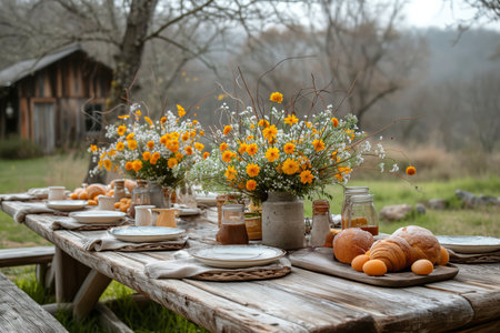 Country Easter Charm, a Table Decorated with Wildflowers and Eggs Reflecting Spring's Freshnessの素材