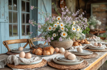 Easter's Countryside Splendor, a Wooden Table Bedecked with Blooms and Eggs in Morning Lightの素材