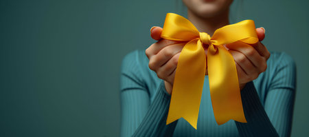 Hands skillfully tying a golden yellow satin ribbon against a teal backgroundの素材