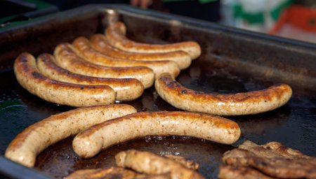 Outdoor cooked meats, grilled sausages in frying pan, delicious barbecue conceptの写真素材
