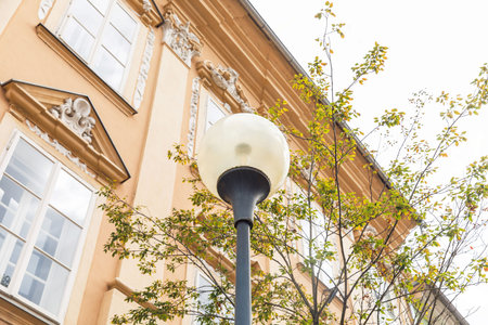 Street light in front of a historical building, exterior view, showing architectural details in a...